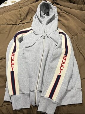 Gucci Light Gray Zip-Up Hoodie with Cream, Navy & Red Stripe